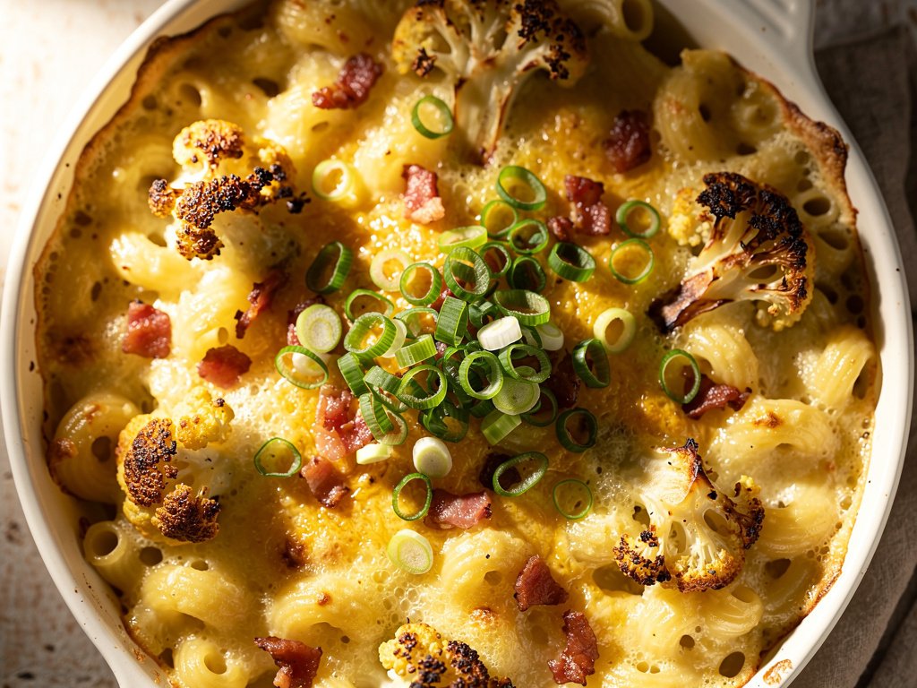Creamy Cauliflower and Pancetta Mac and Cheese with Cavatappi Pasta