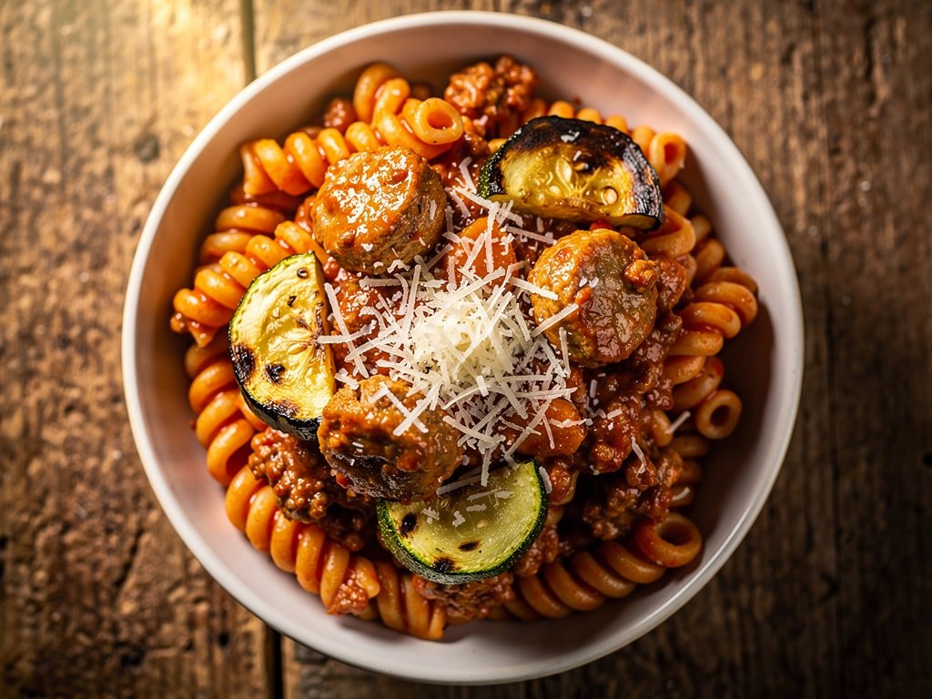 Creamy Cavatappi Bolognese with Italian Chicken Sausage and Zucchini