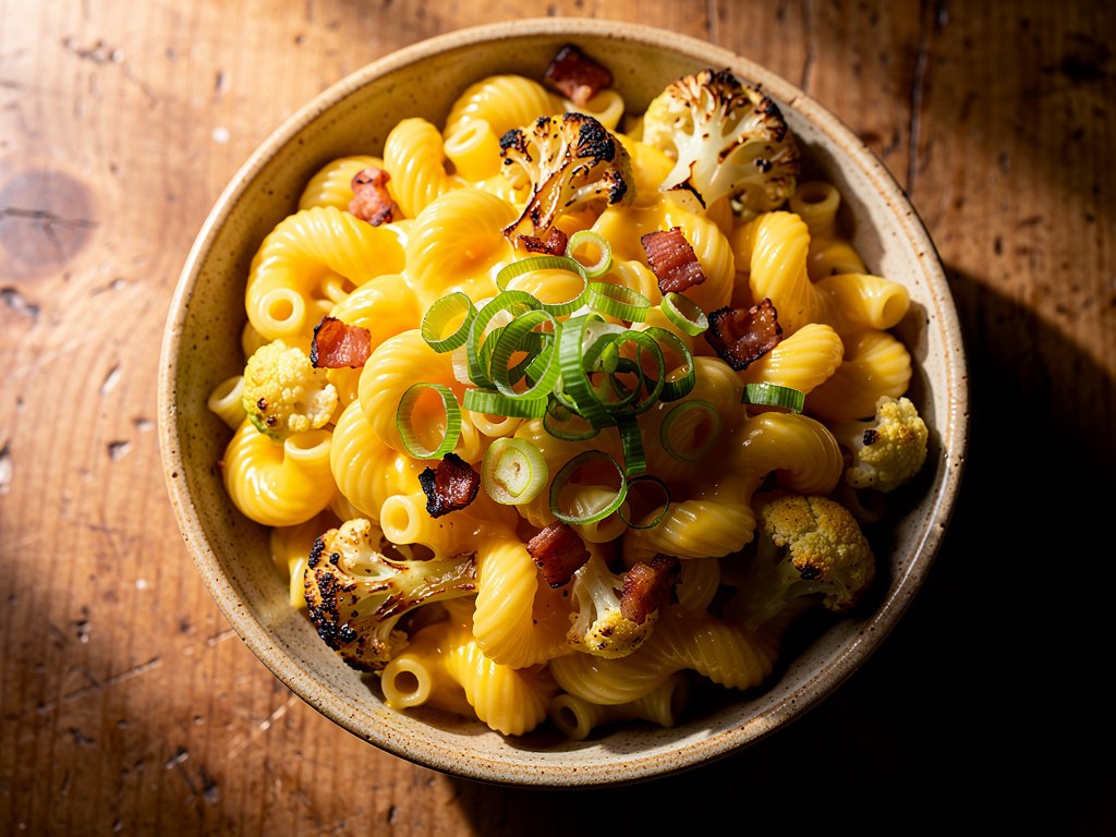 Creamy Cavatappi Mac and Cheese with Roasted Cauliflower and Crispy Pancetta