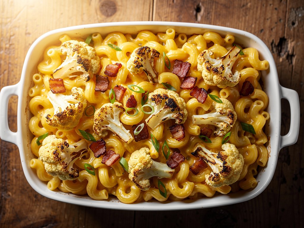 Creamy Cavatappi Mac and Cheese with Roasted Cauliflower and Crispy Pancetta
