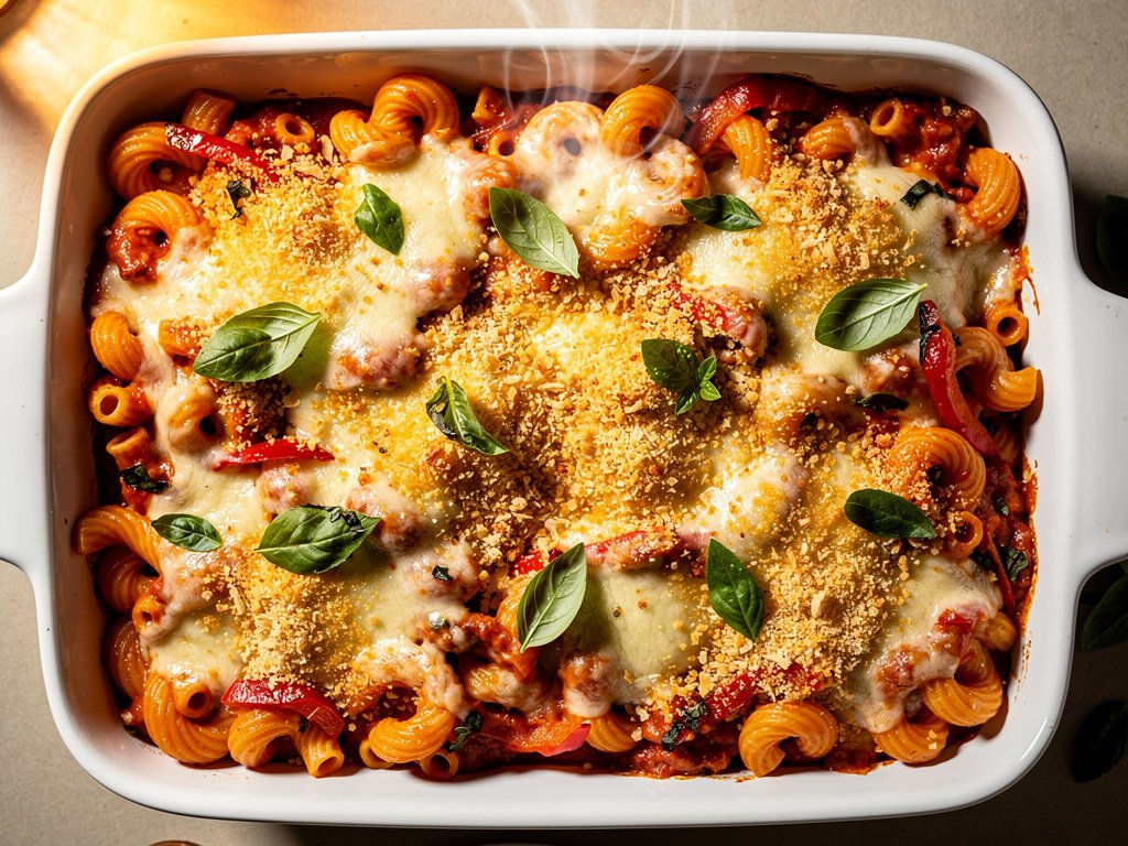 Creamy Cavatappi Pasta Bake with Roasted Red Peppers and Mozzarella