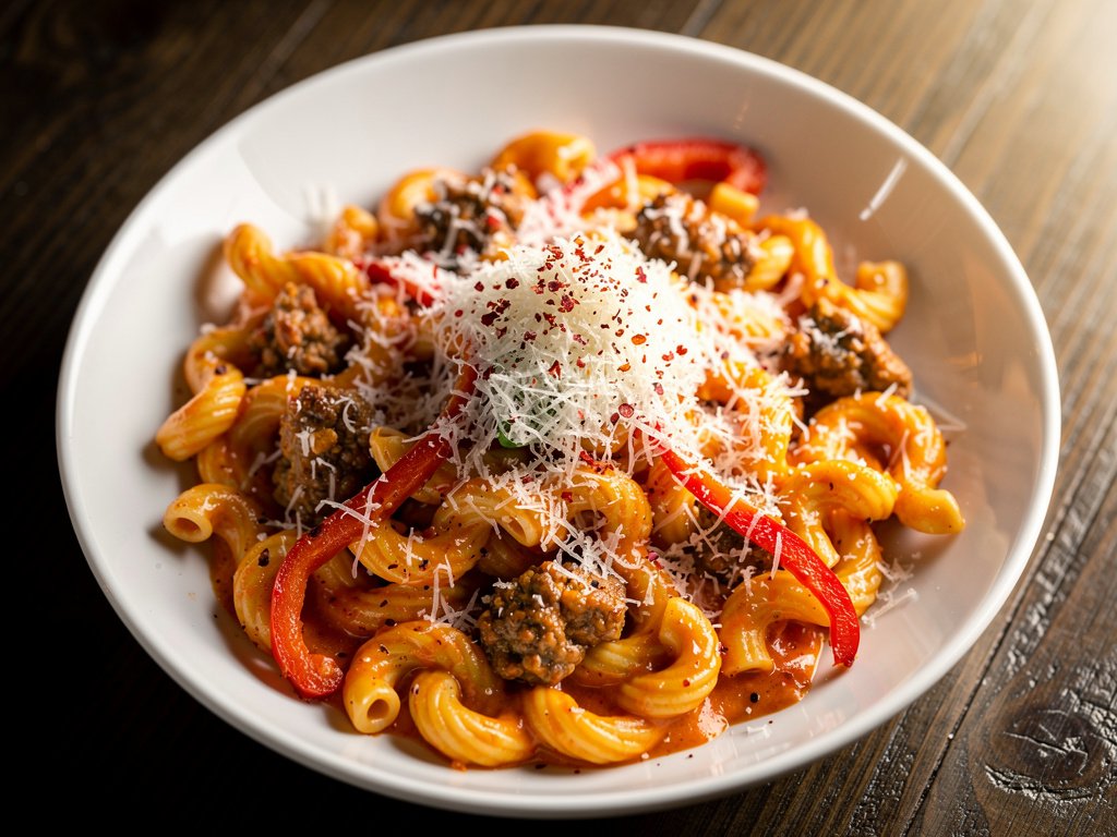Creamy Cavatappi with Roasted Bell Pepper and Italian Sausage