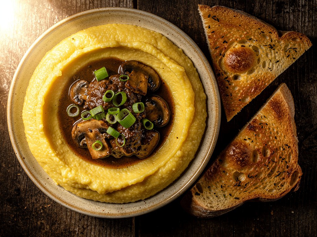 Creamy Cheesy Polenta with Mushroom Ragu and Garlic Bread