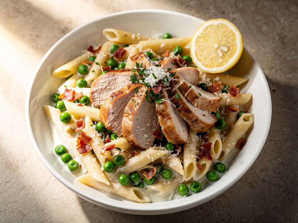 Creamy Chicken Prosciutto Penne with Peas and Parmesan