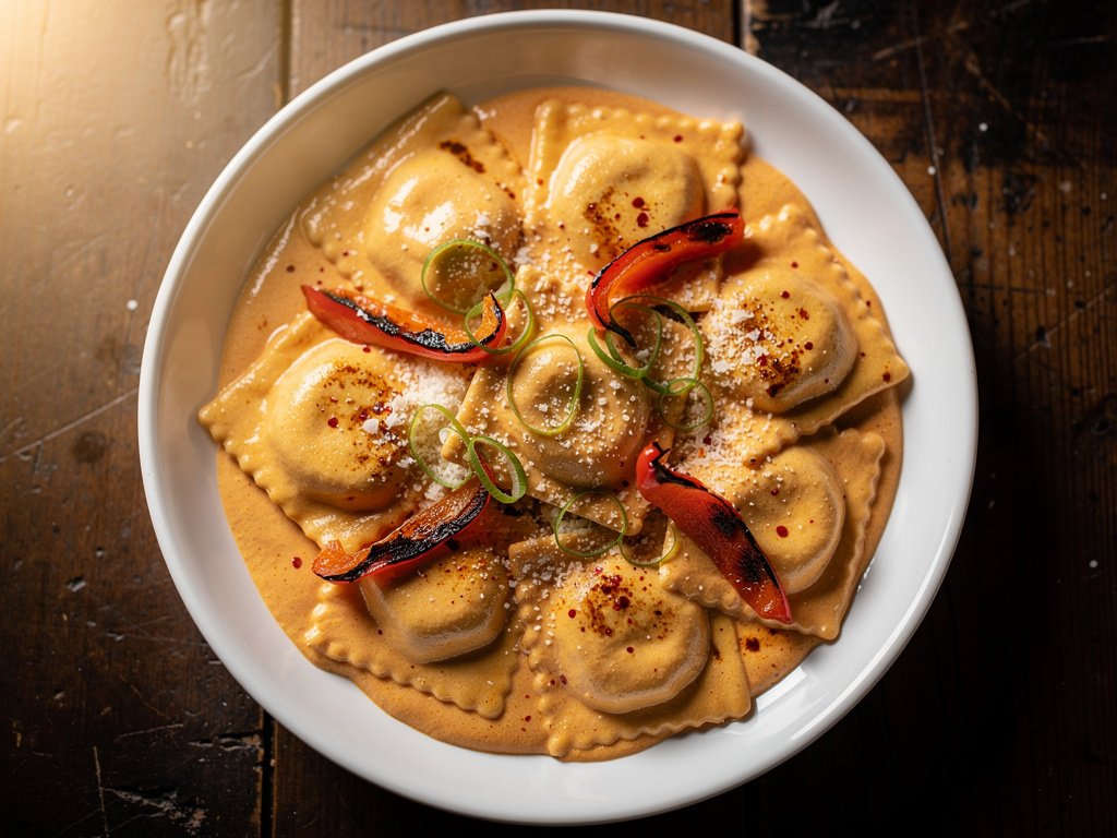 Creamy Chicken Romesco Ravioli with Roasted Bell Pepper and Parmesan