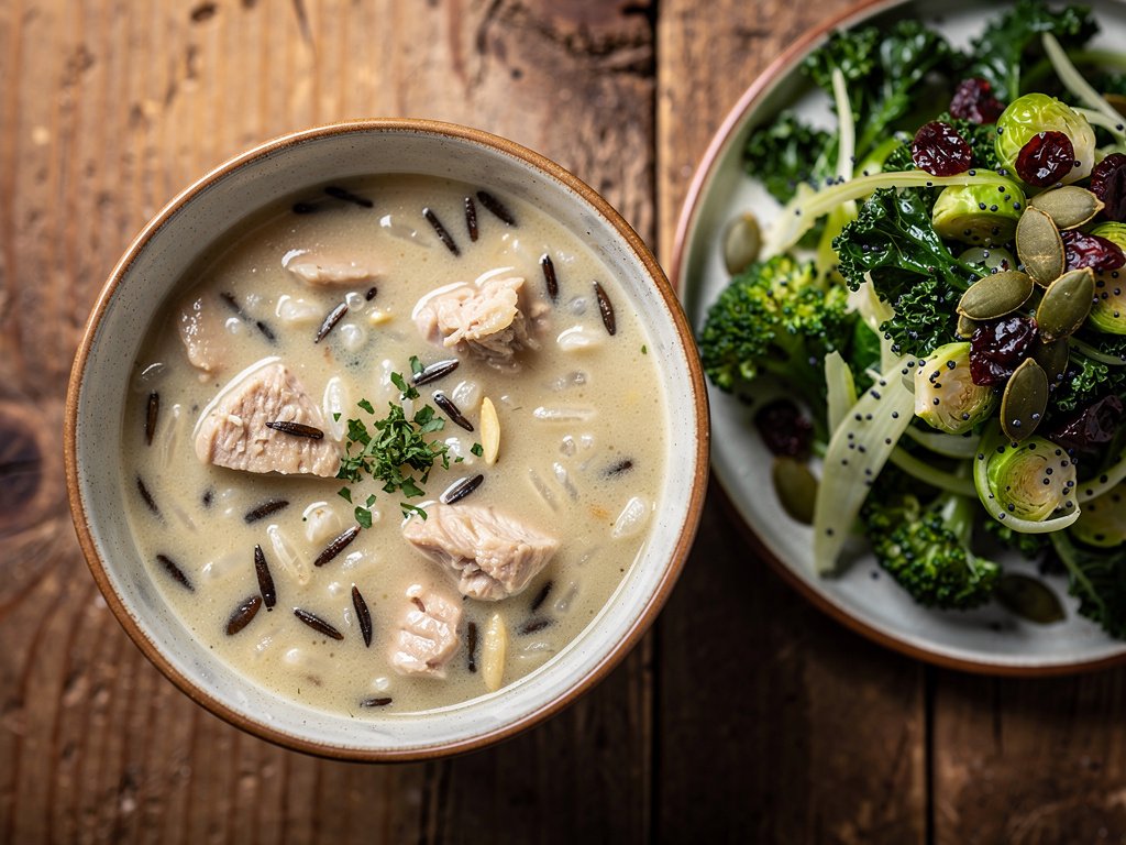 Hearty Creamy Chicken and Wild Rice Soup with Crunchy Kale Salad