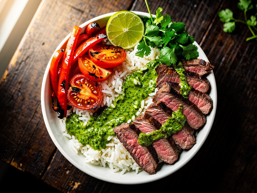 Creamy Chimichurri Steak Bowls with Charred Veggies and Garlic Rice