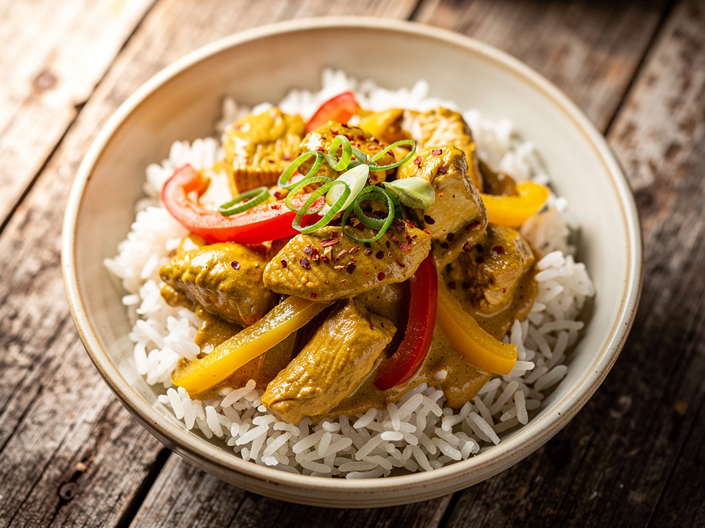Creamy Coconut Curry Chicken with Bell Pepper and Basmati Rice