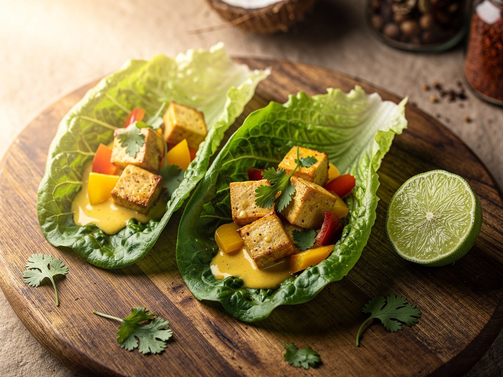 Creamy Coconut Curry Tofu Lettuce Wraps with Bell Pepper and Lime