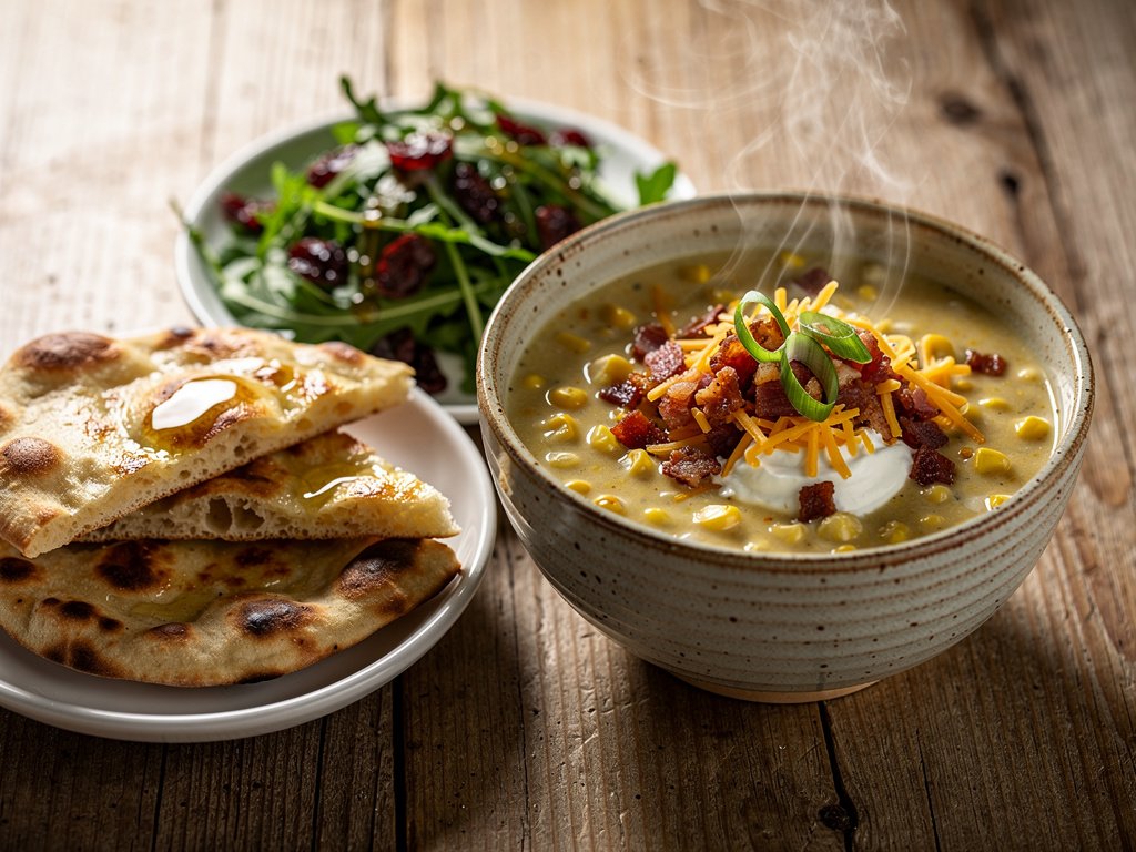 Creamy Corn and Bacon Chowder with Lemon Salad and Naan Toasts