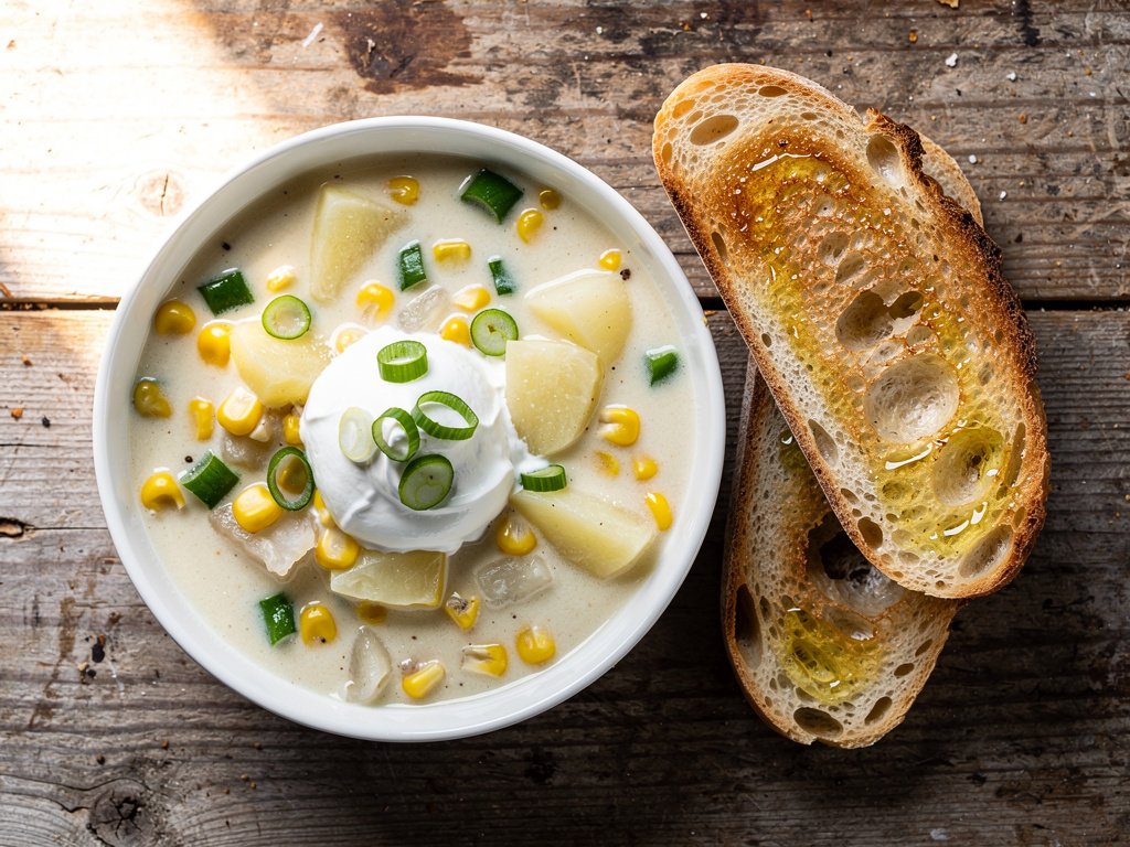 Creamy Corn and Green Pepper Chowder with Old Bay Toast