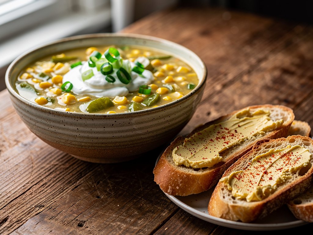 Creamy Corn and Green Pepper Chowder with Old Bay Toast