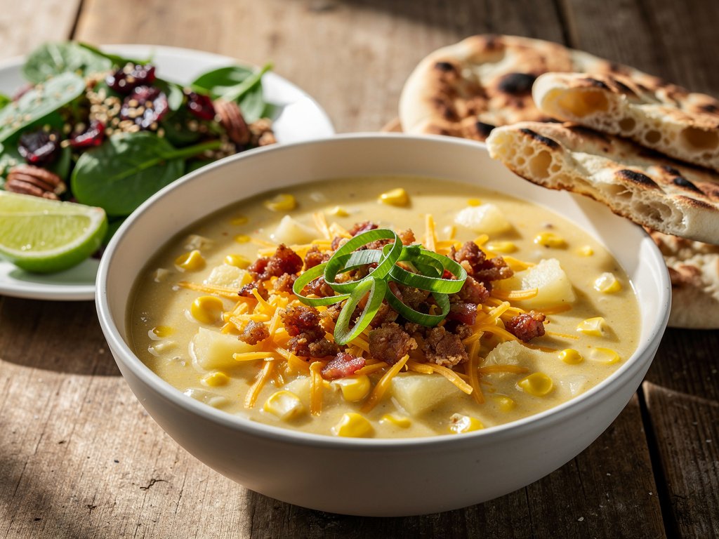 Creamy Corn and Pancetta Chowder with Spinach Salad and Naan Toasts