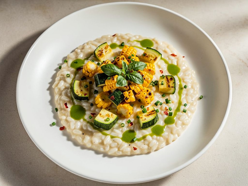 Creamy Corn and Zucchini Risotto with Basil Oil