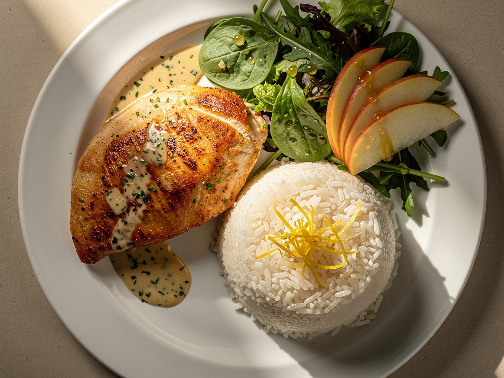Creamy Dijon Chicken with Lemon Rice and Apple Salad