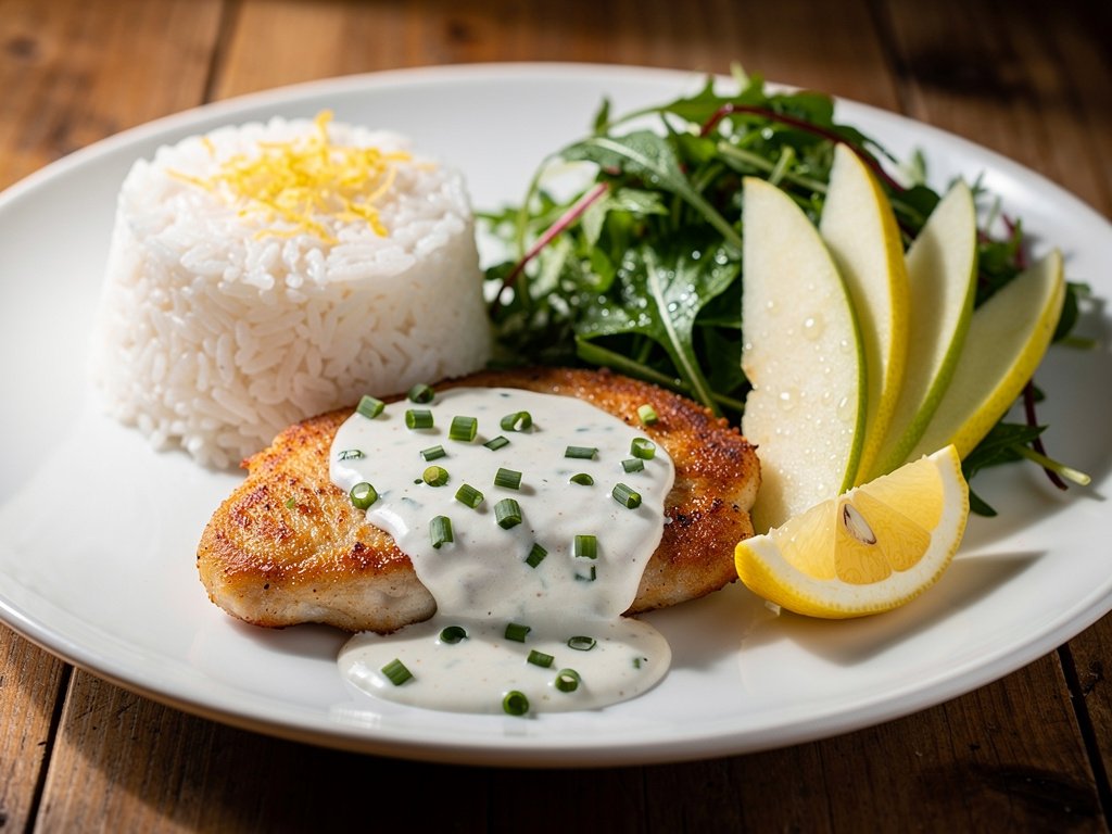 Creamy Dijon Chicken with Lemon Rice and Apple Salad