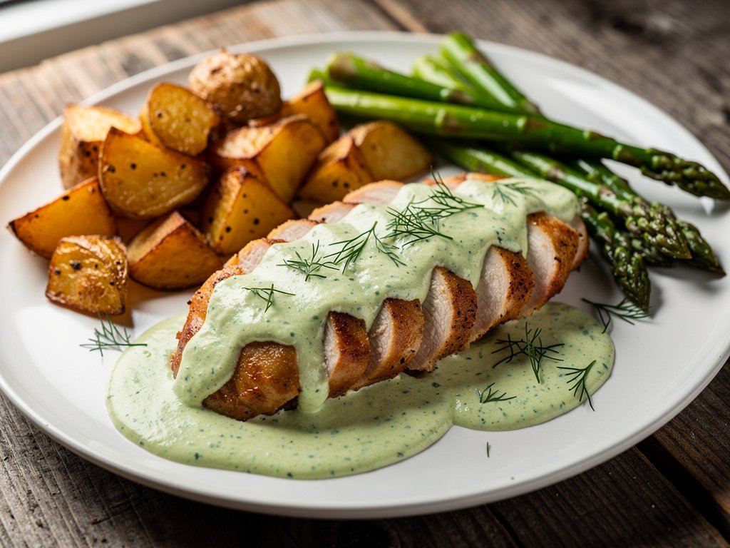 Creamy Dill Chicken with Roasted Potatoes and Asparagus