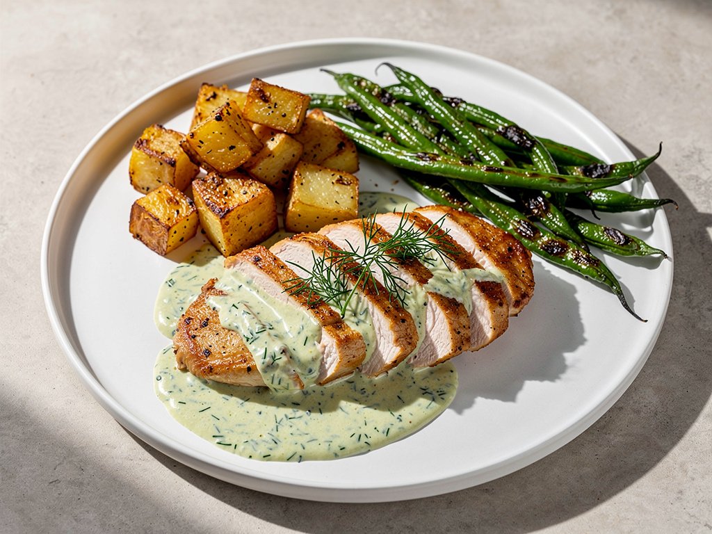 Creamy Dill Chicken with Roasted Potatoes and Green Beans