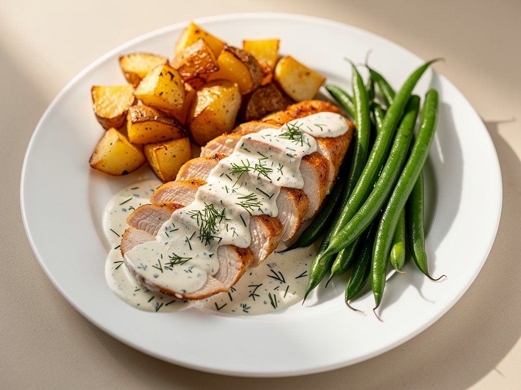 Creamy Dill Chicken with Roasted Potatoes and Green Beans