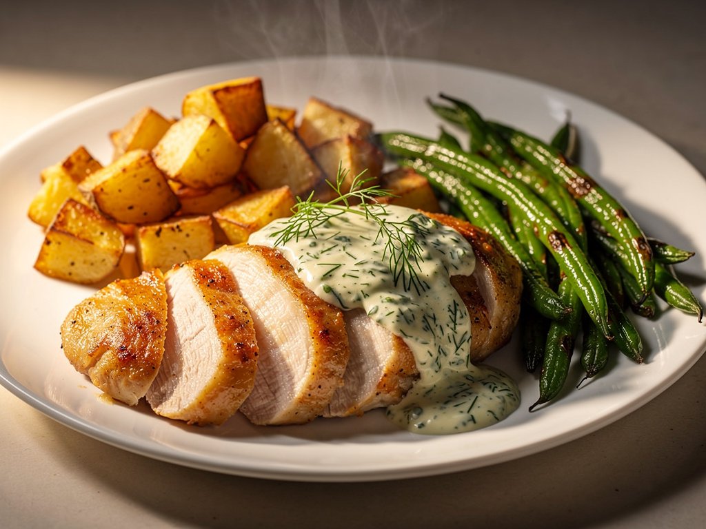 Creamy Dill Chicken with Roasted Potatoes and Green Beans