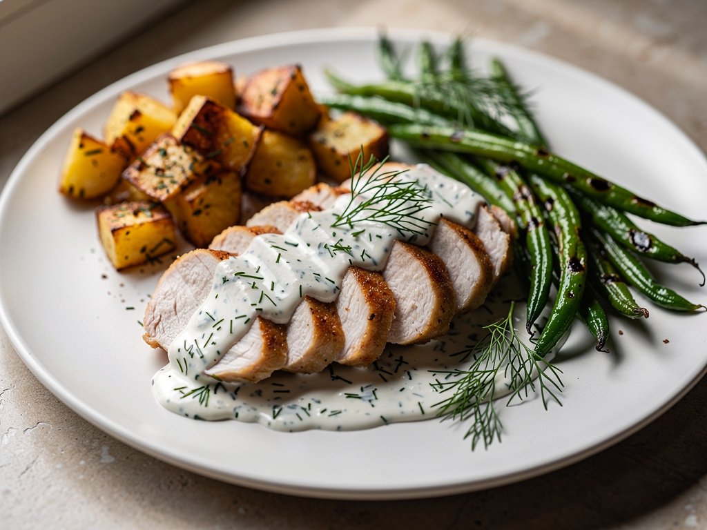Creamy Dill Chicken with Roasted Potatoes and Green Beans