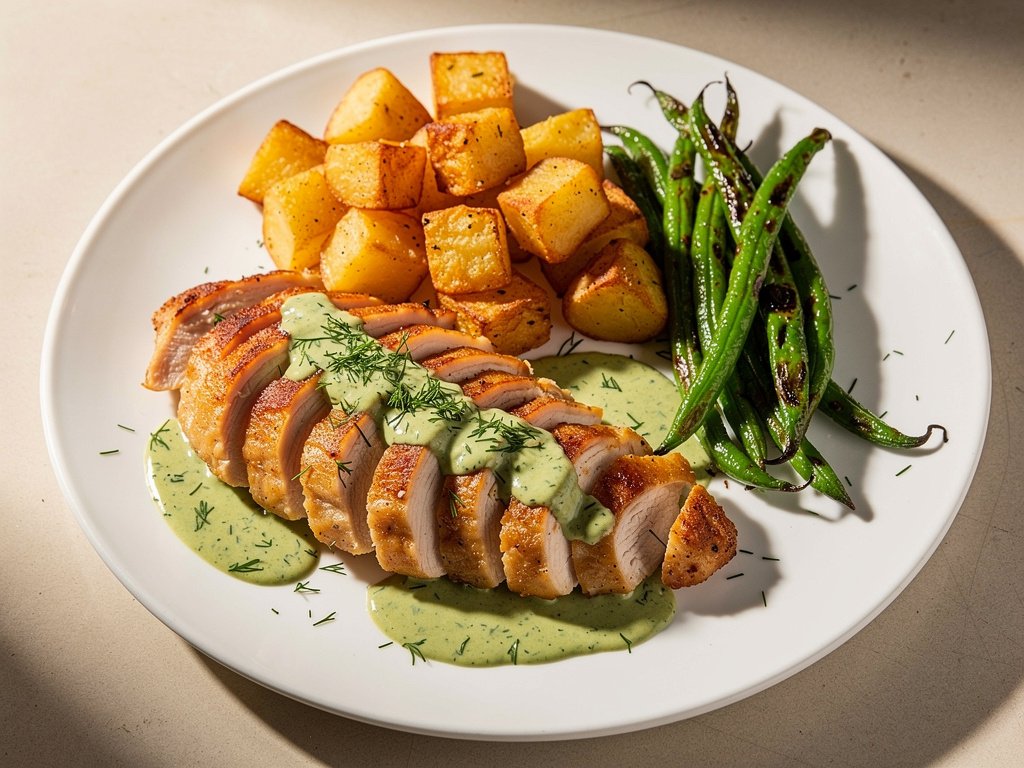 Creamy Dill Chicken with Roasted Potatoes and Green Beans