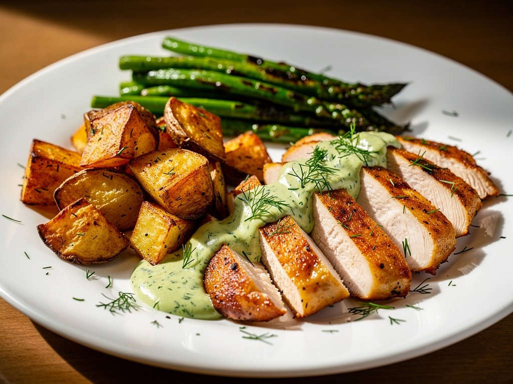 Creamy Dill Chicken with Roasted Potatoes and Green Beans