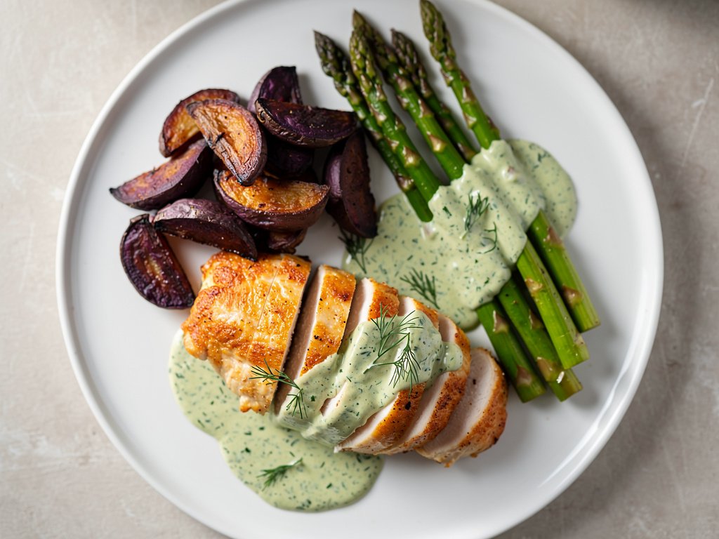 Creamy Dill Chicken with Roasted Purple Potatoes and Asparagus