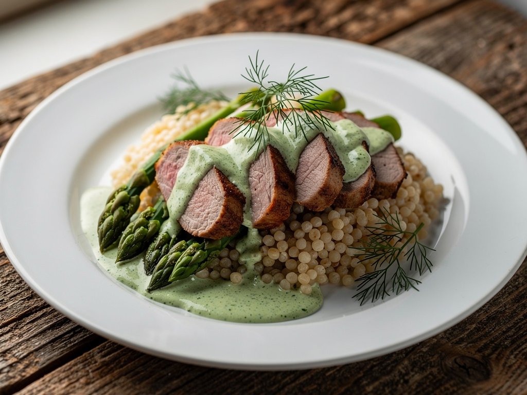 Creamy Dill Pork Tenderloin with Couscous and Asparagus