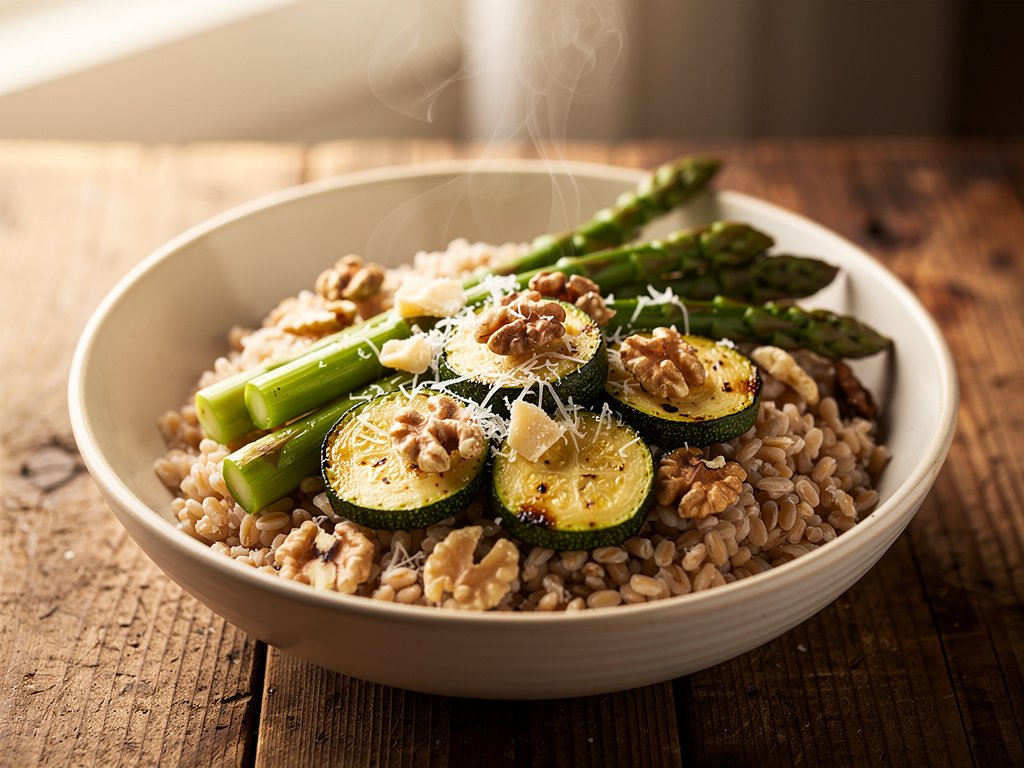 Creamy Farro Bowl with Roasted Zucchini and Asparagus