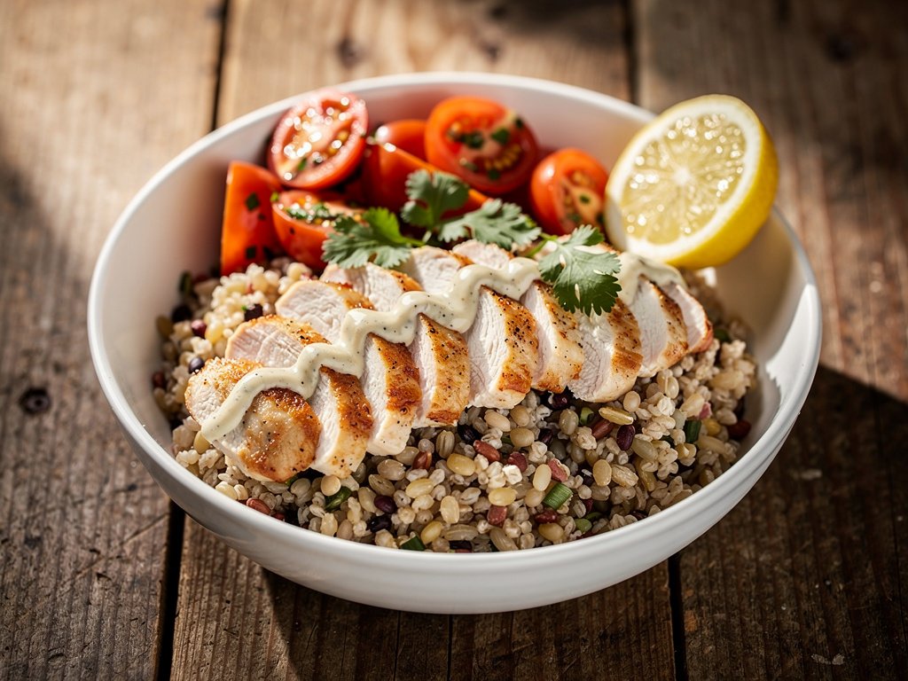 10-Minute Creamy Garlic Chicken Grain Bowls with Marinated Tomatoes