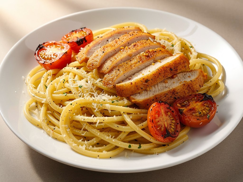 Creamy Garlic Parmesan Spaghetti with Tuscan Chicken and Roasted Tomatoes