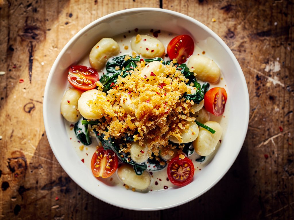Creamy Gnocchi with Spinach and Grape Tomatoes and Garlic Butter Breadcrumbs