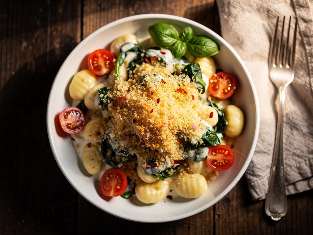Creamy Gnocchi with Spinach and Tomatoes and Crispy Garlic Breadcrumbs