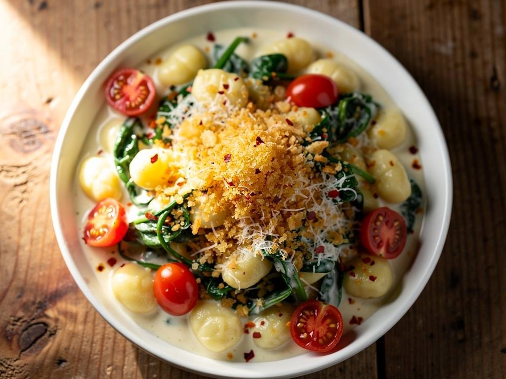 Creamy Gnocchi with Spinach and Tomatoes and Garlic Butter Breadcrumbs
