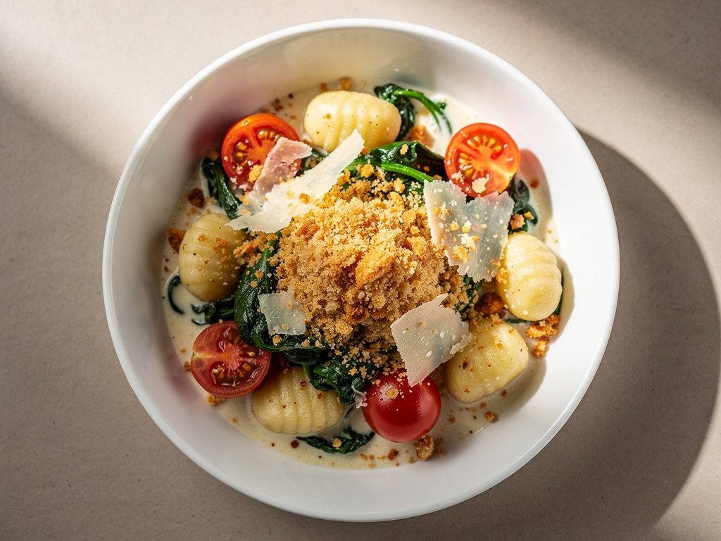 Creamy Gnocchi with Spinach and Tomatoes Topped with Garlic Butter Breadcrumbs