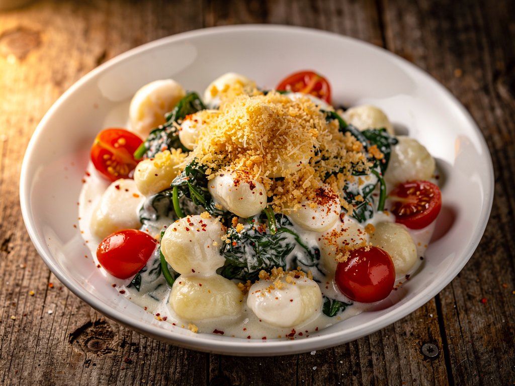 Creamy Gnocchi with Spinach and Tomatoes and Garlic Butter Breadcrumbs