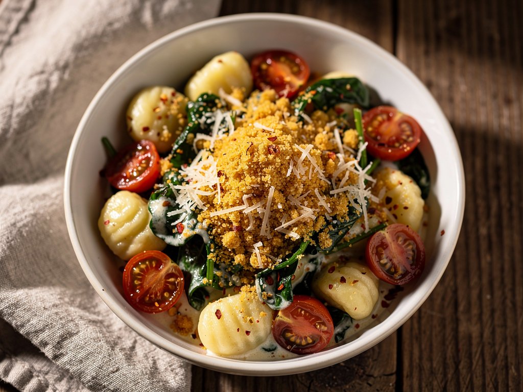 Creamy Gnocchi with Spinach and Tomatoes Topped with Garlic Butter Breadcrumbs
