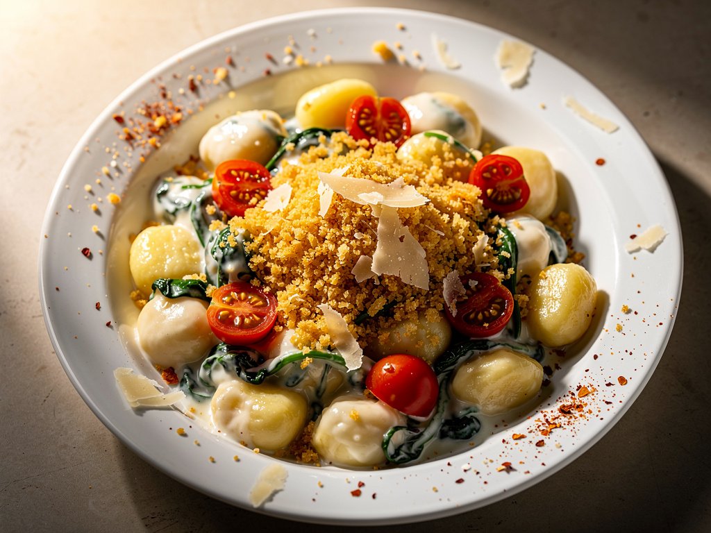 Creamy Gnocchi with Spinach and Tomatoes and Garlic Butter Breadcrumbs