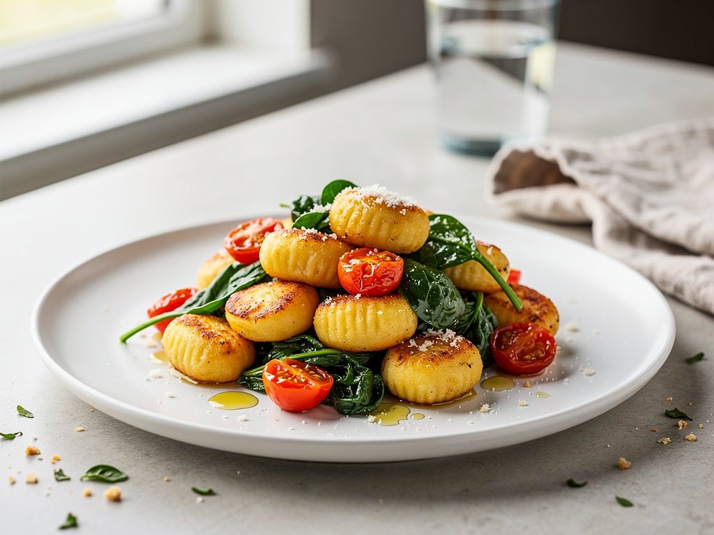 Creamy Gnocchi with Spinach, Tomatoes, and Garlic Butter Breadcrumbs