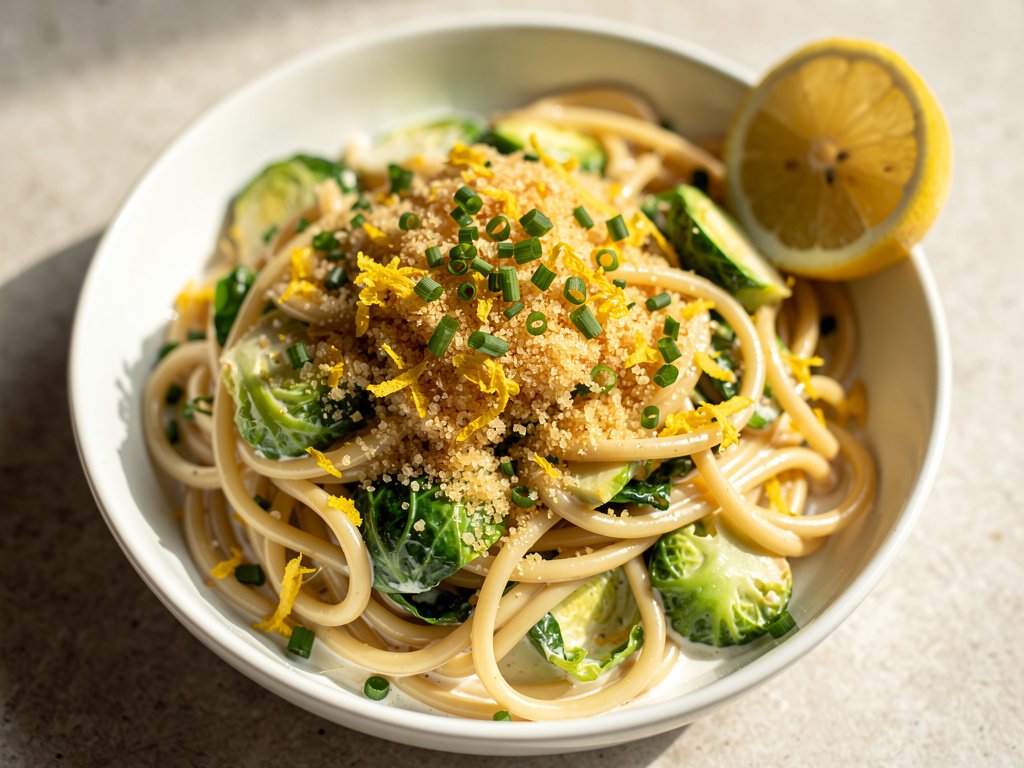 Creamy Lemon Brussels Sprouts Spaghetti with Toasted Panko