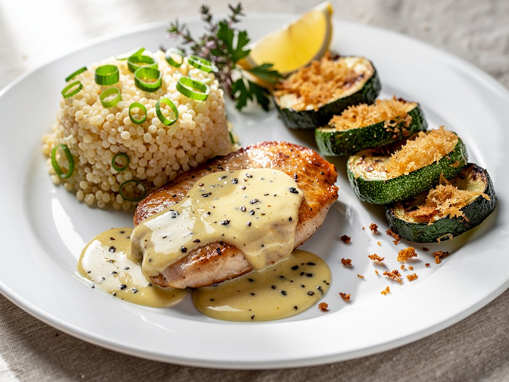 Creamy Lemon Butter Chicken with Parmesan Zucchini and Scallion Couscous