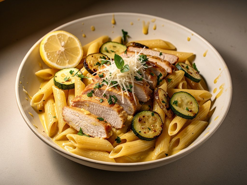 Creamy Lemon Chicken Penne with Zucchini and Toasted Garlic