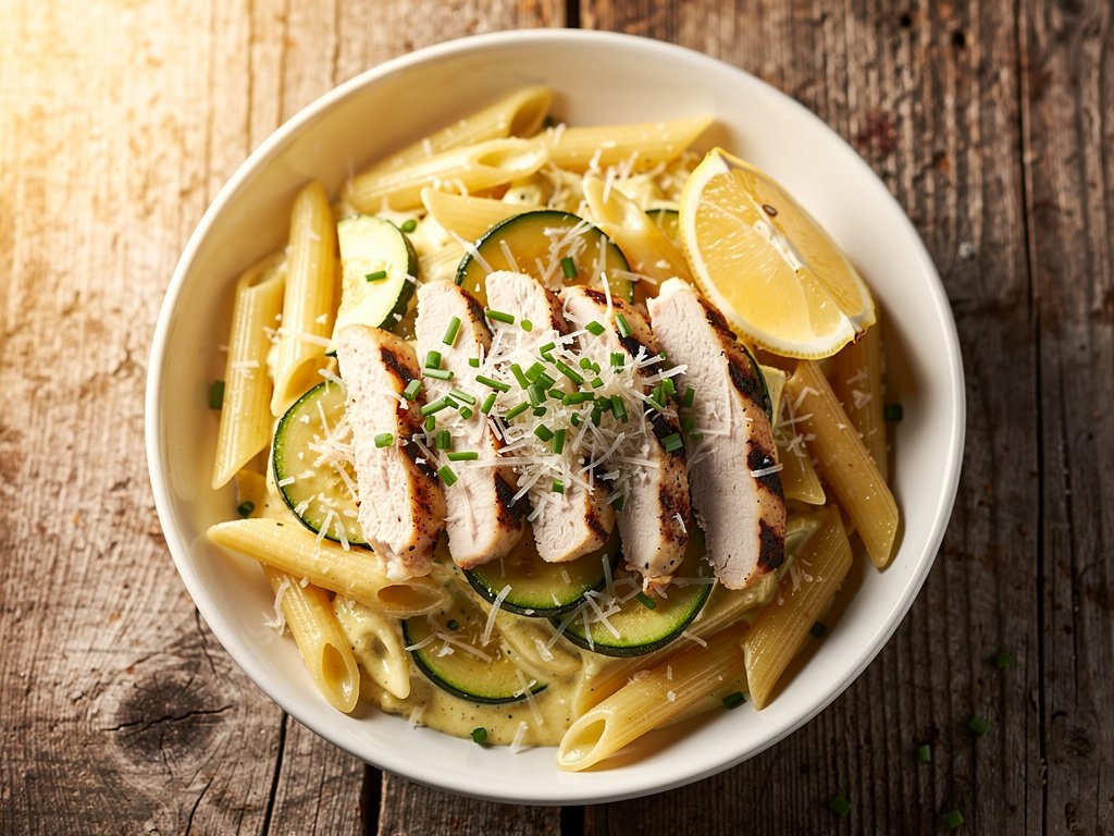 Creamy Lemon Chicken Penne with Zucchini and Toasted Garlic