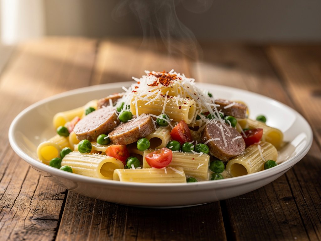 Creamy Lemon Garlic Rigatoni with Chicken Sausage and Peas