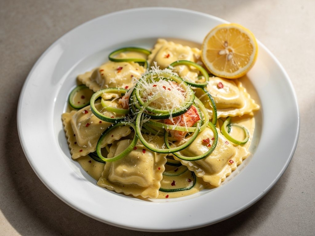 Creamy Lemon Lobster Ravioli with Zucchini Ribbons