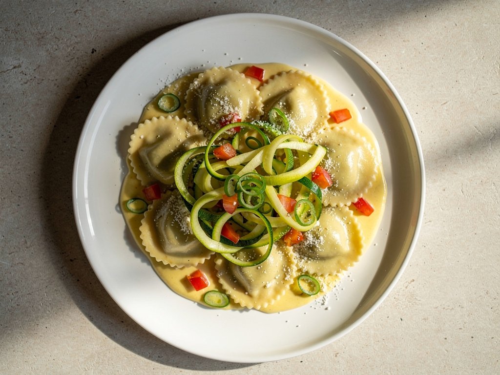 Creamy Lemon Mushroom Ravioli with Zucchini Ribbons and Tomato