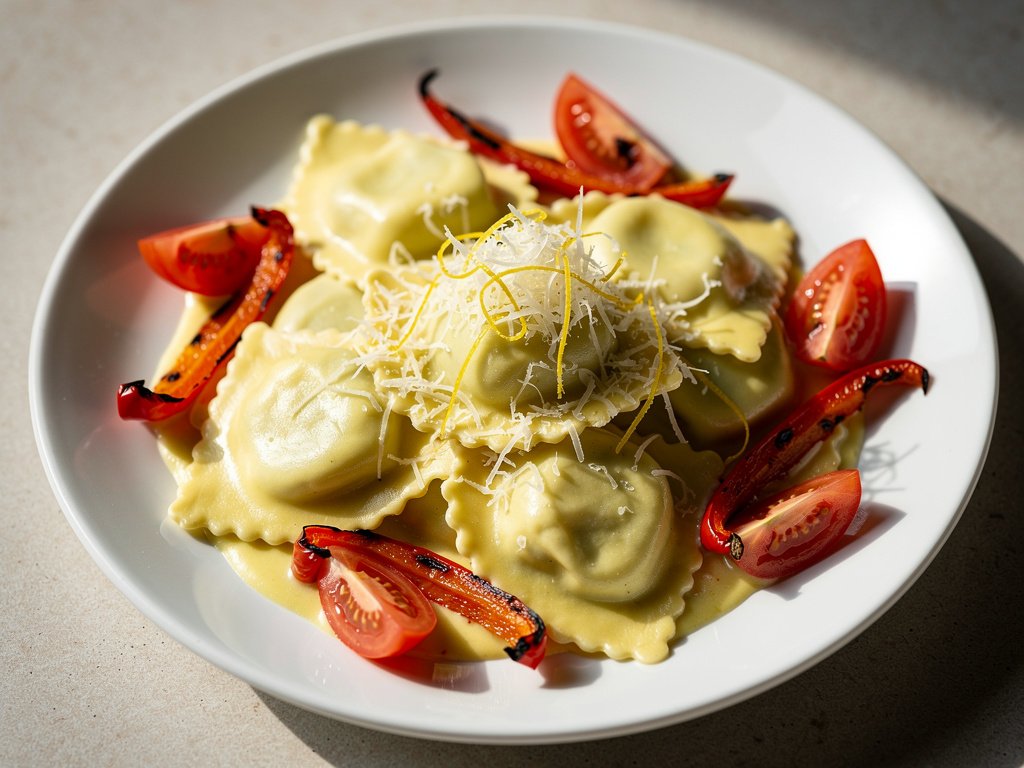 Creamy Lemon Parmesan Ravioli with Roasted Bell Peppers