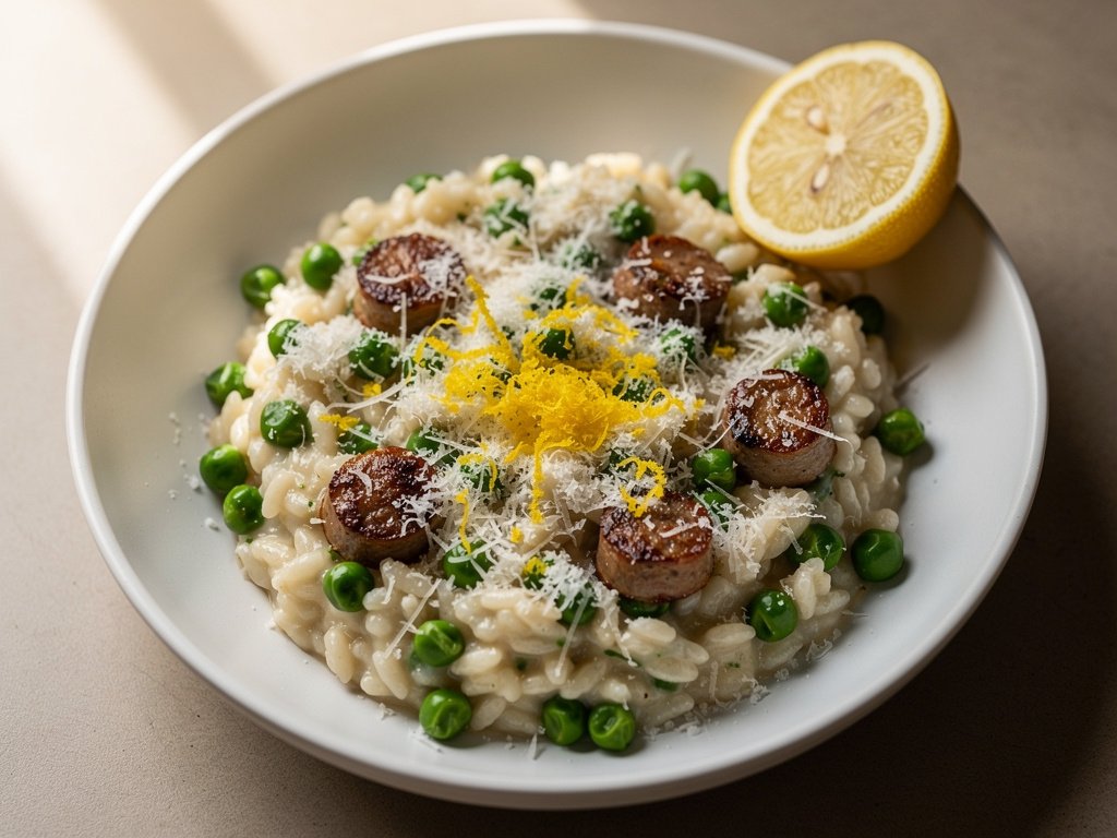 Creamy Lemon Parmesan Risotto with Sausage and Peas