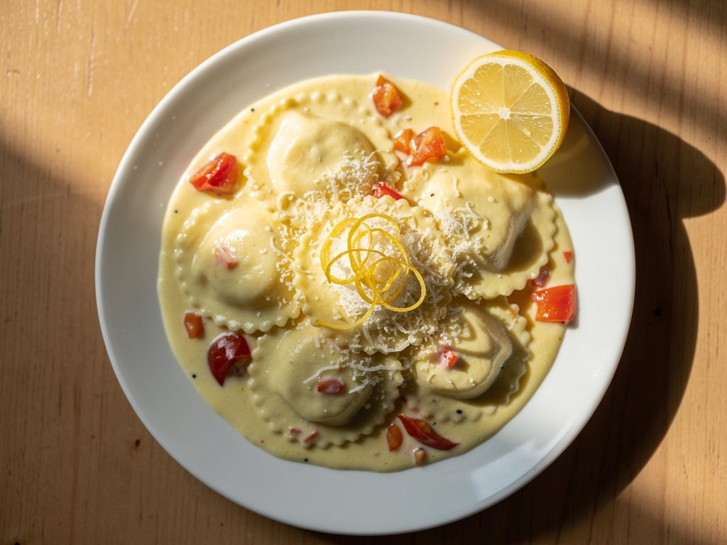 Creamy Lemon Ravioli with Roasted Peppers and Parmesan